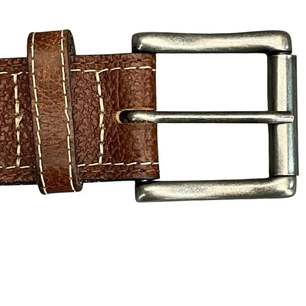 Western Brown Leather White Stitch Silver Square Buckle Belt Men 36”
